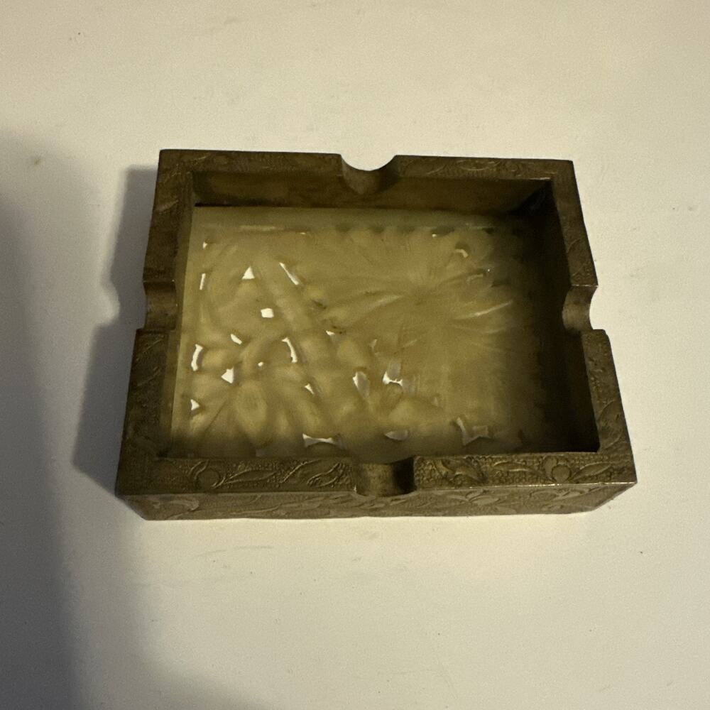 Antique Chinese Handmade Pierced Jade Etched Brass Ashtray
